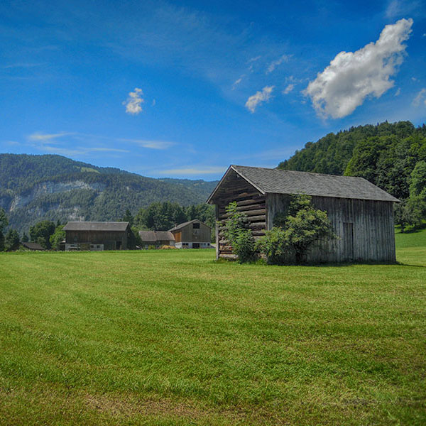 Heustadel mit Bauernhof im Hintergrund